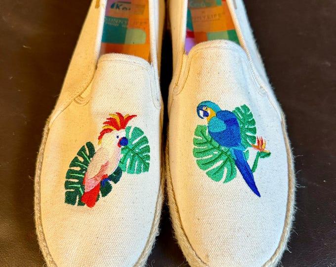 Tropical Bird Shoes, Embroidered Cockatoo Parrot Keds, Canvas Women's Summer Loafers Sunny Life