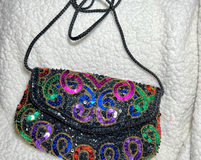 Party Purse, Beaded Sequins Multi Colored Festive Black Handbag,