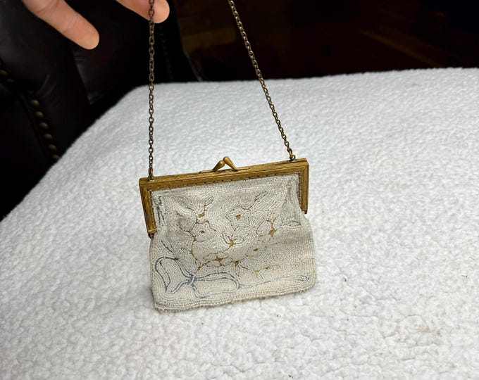 White Beaded Antique Handbag, Evening Cocktail Bag, Petite Formal Party Purse