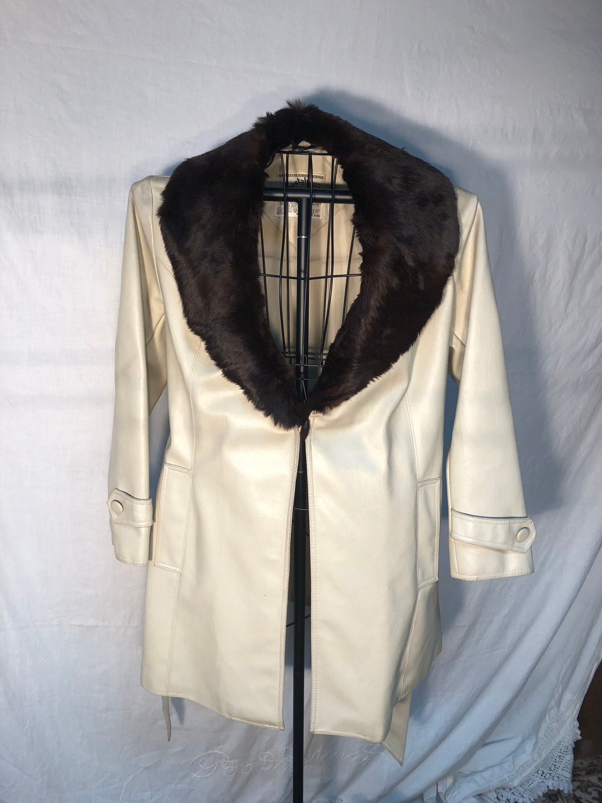 RESERVED. Retro Fashion Coat With Rabbit Fur Collar, Man Made Leather