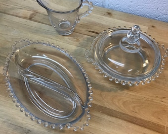 Candlewick Glassware Set,  Vintage Creamer Bowl and Relish Dish