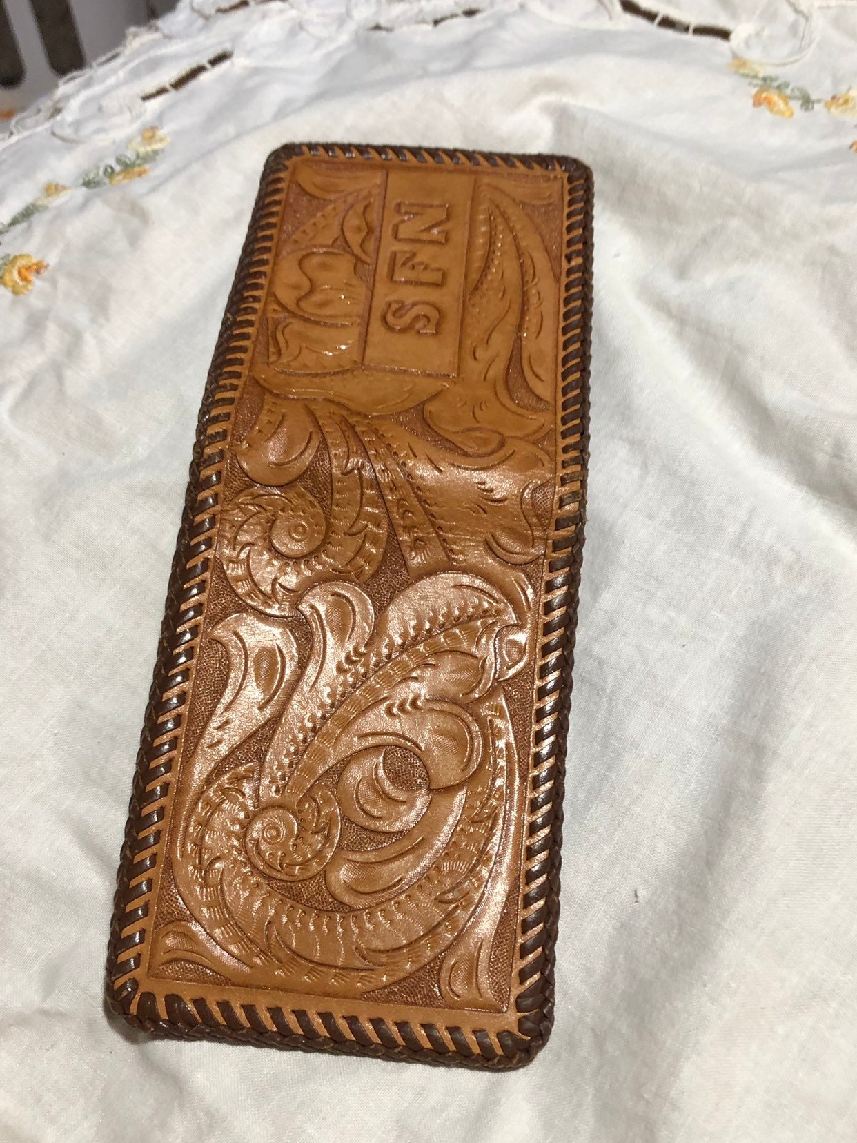 Embossed Leather Wallet Hand Stitched Monogrammed Vintage Wallet Country Western Wallet