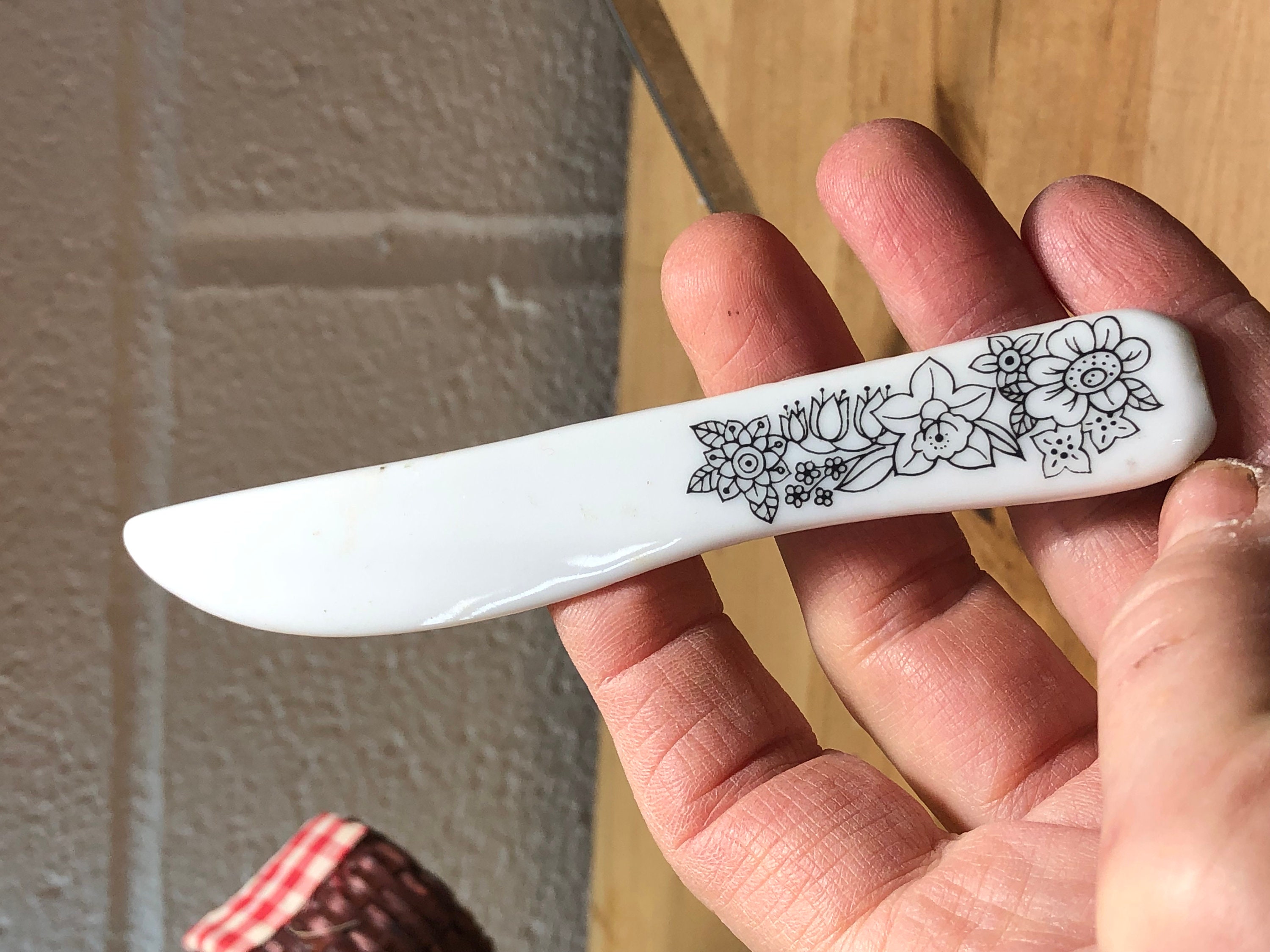 White Glass Knife Set, Vintage White and Black Kitchen Knives, Cottage