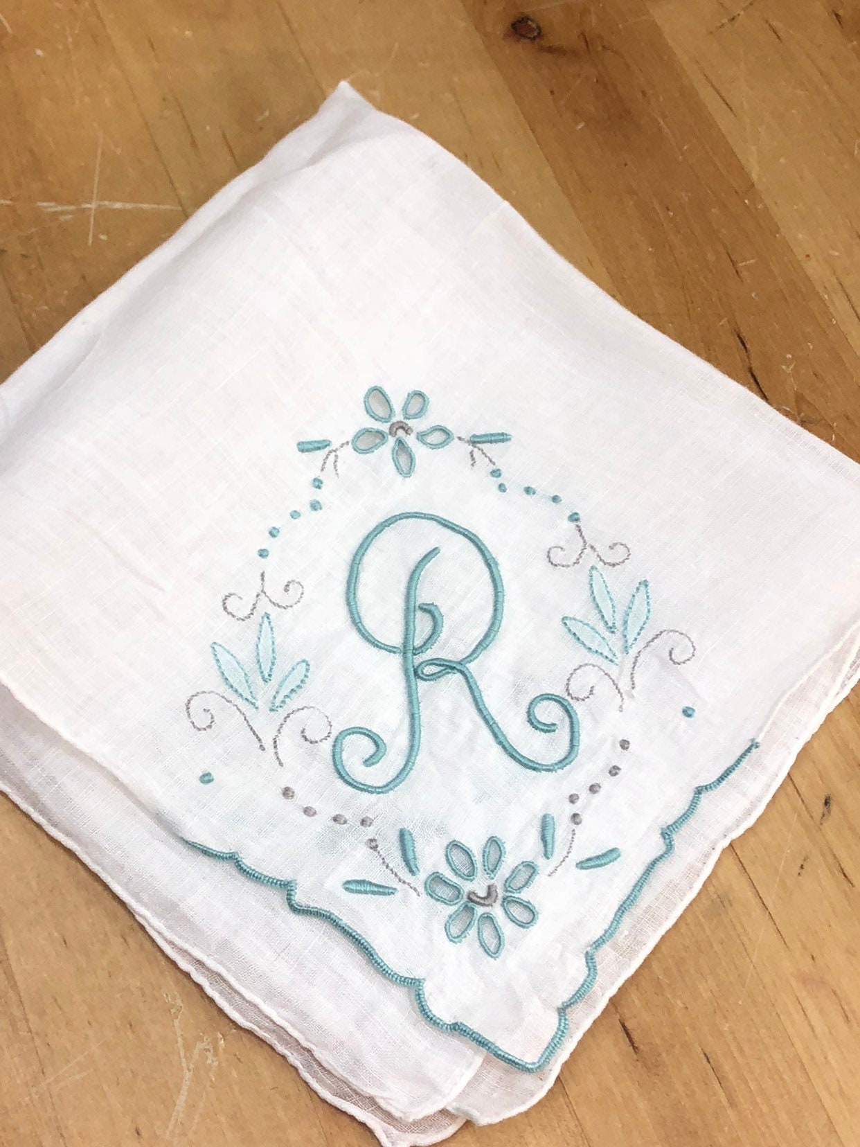 Initial R Handkerchief Embroidered Letter R Vintage Hanky
