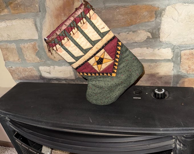 Christmas Stocking Farmhouse Rustic Patchwork Quilted Beaded Handbag Holiday Decoration