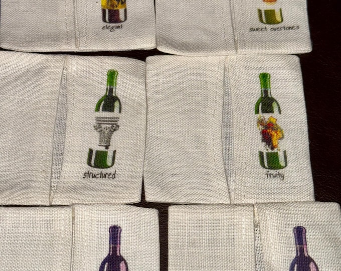 Wine Glass Linen Printed Coaster Set Glass Markers Napkins, Hostess Party Gift