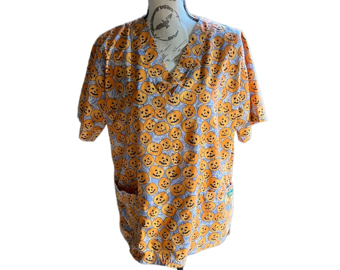 Pumpkin Scrub Top, Unisex Halloween October Uniform,