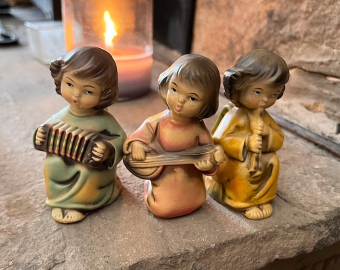 Vintage Angels Figurines, Musical Set of 3 Religious Angels, Christmas Holiday Decoration