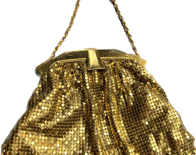 Whiting And Davis Gold Cocktail Handbag, Vintage Metal Mesh Fancy Formal Cocktail Party Purse