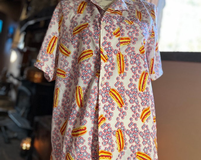 Hot Dog Shirt, Summer Picnic Button Up, Unisex Mustard Top