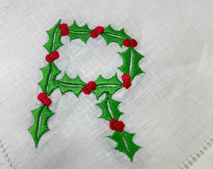 Christmas Embroidered Letter R Napkins, Vintage Holiday Linens Initial R