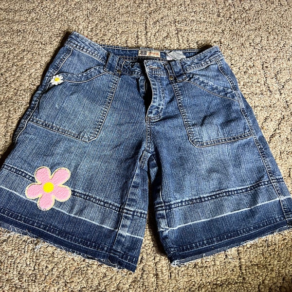 Blue Jean Shorts, High Waisted Denim Shorts With Patches