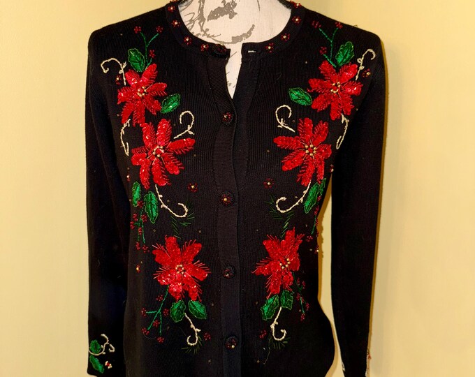Christmas Cardigan Sweater, Sequins Red Poinsettias, Holiday Party Attire Theme Works