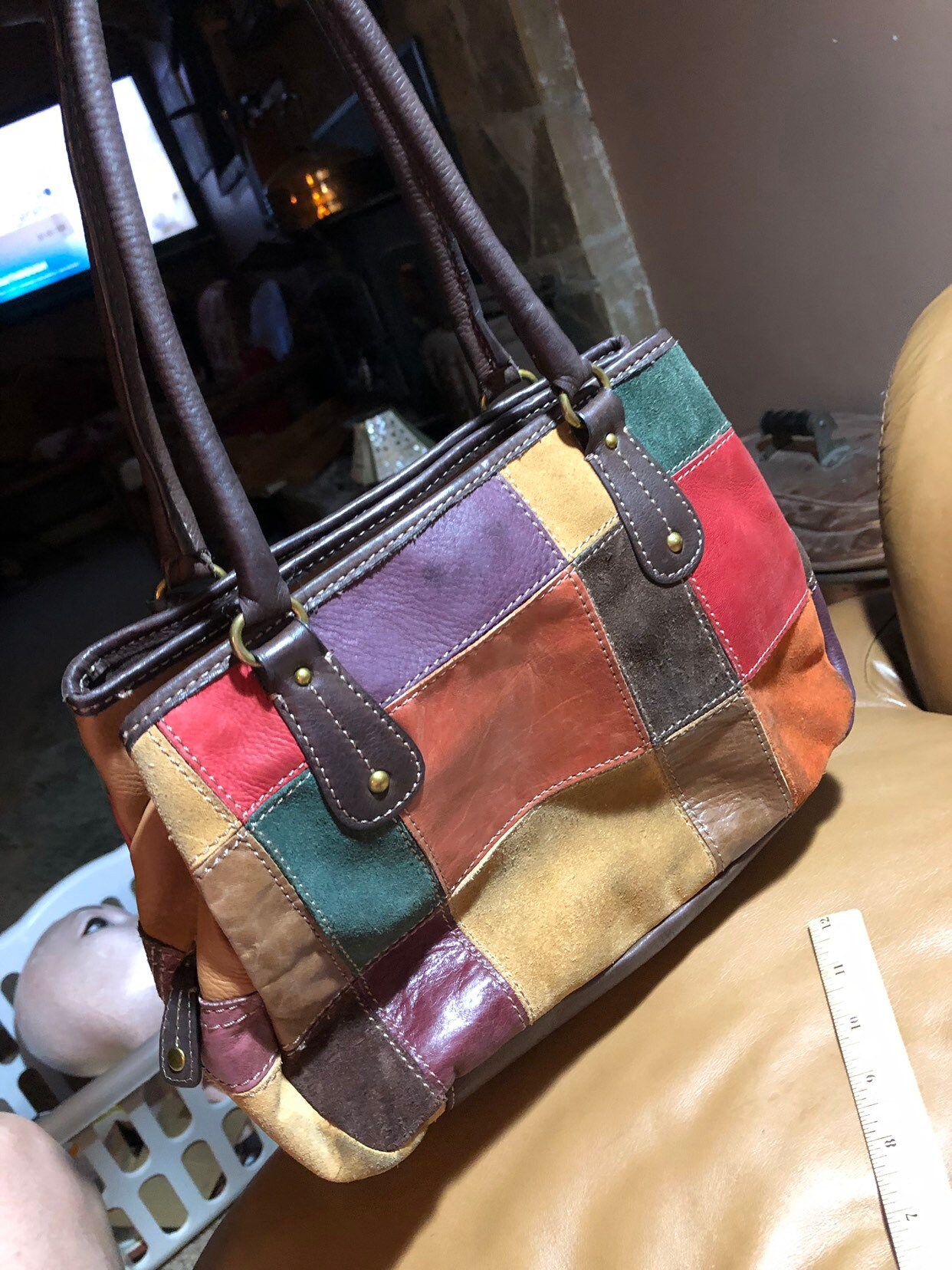 Patchwork Suede Leather Handbag, Hipster Purse, Multi Colored Bag