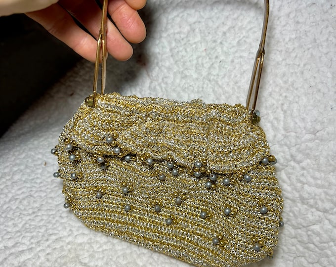 Gold and Silver Handbag, Vintage Crochet Beaded Purse, Bag