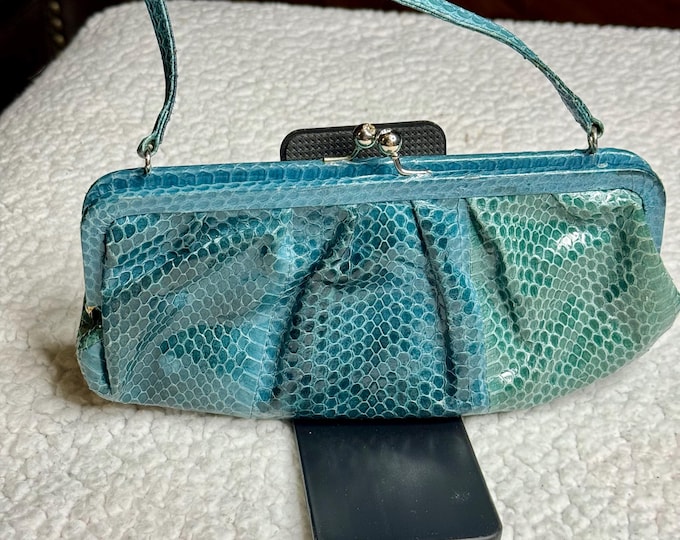 Turquoise Color Snake Leather Handbag, Bebe Snakeskin Top Handle Cocktail Party Purse