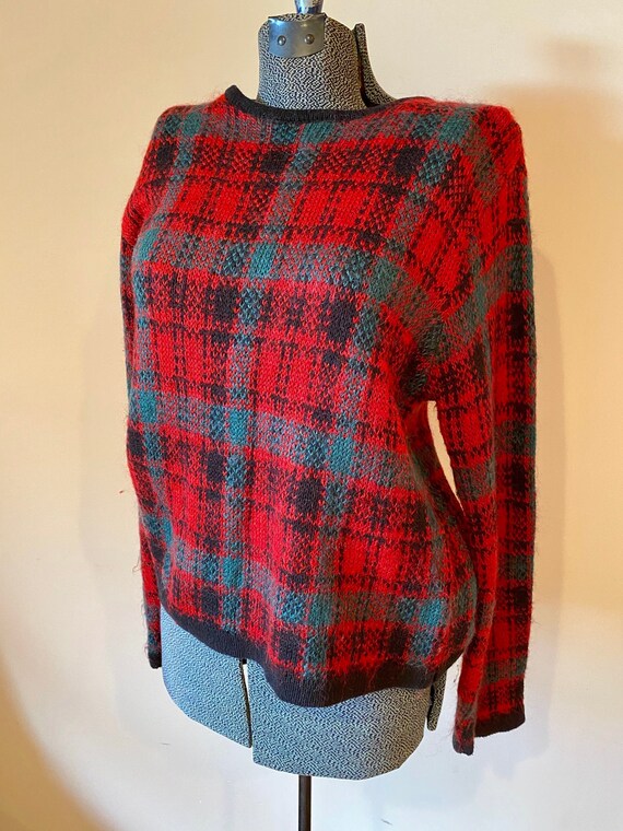 Women’s plaid mohair sweater, red holiday pullover