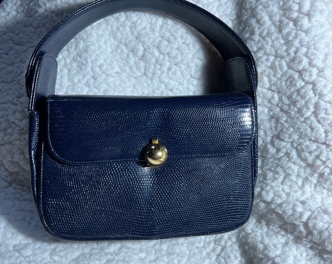 Navy Blue Leather Handbag, Top Handled Vintage Purse