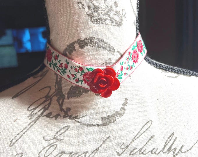 Red Rose Choker Necklace, Costume Jewelry, Embroidered Ribbon