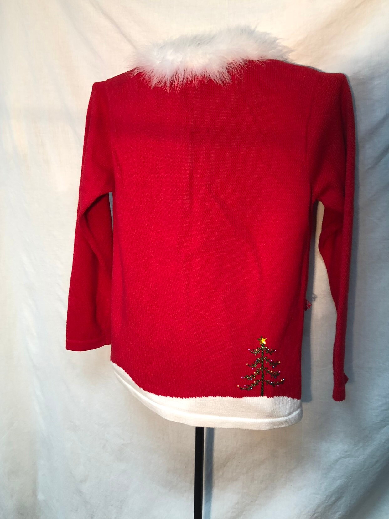 Red Christmas Sweater with White Feather Boa Collar