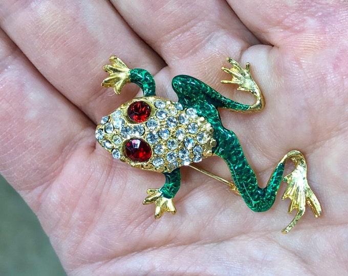 Rhinestone Frog Brooch, Costume Jewelry Toad Pin, Green Crystal Frog Jewelry