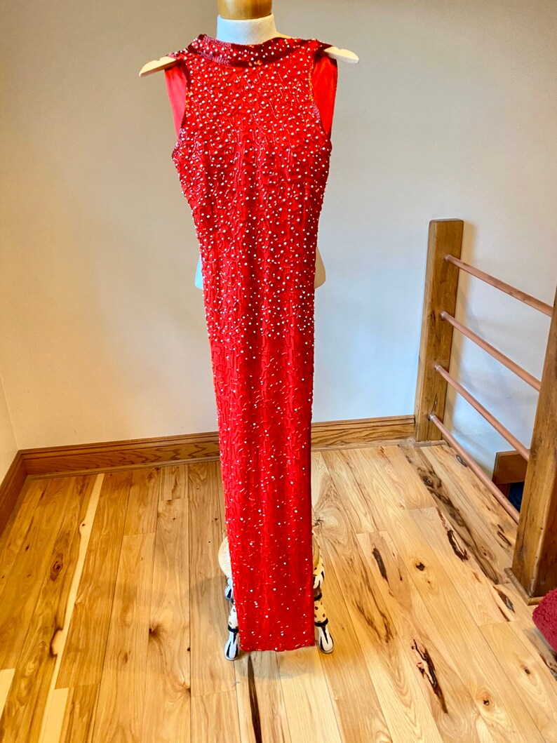 Red formal party dress beaded long Christmas Dress retro fashion
