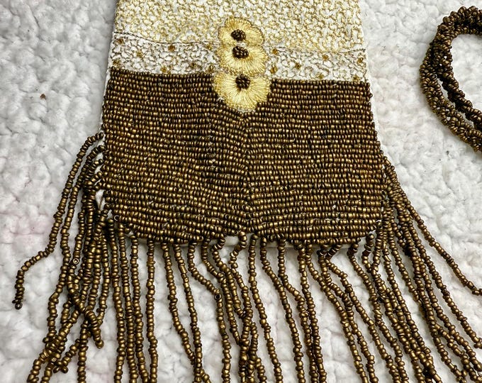 Gold Beaded Handbag Flowers and Fringe, Shoulder Strap Small Cocktail Evening Purse