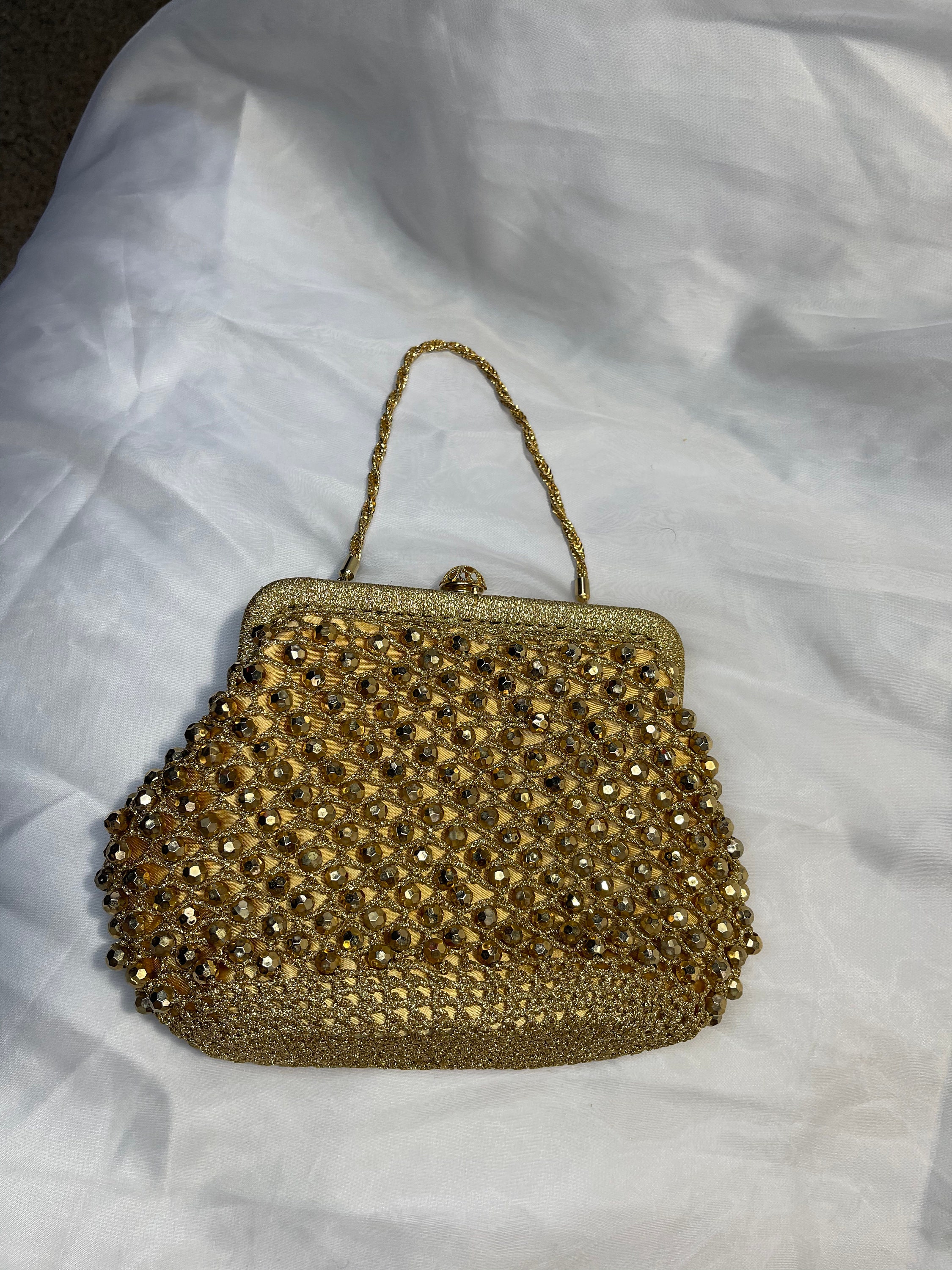 Gold beaded Vintage Handbag, Fancy Formal Sparkle Gold Purse, Gold ...