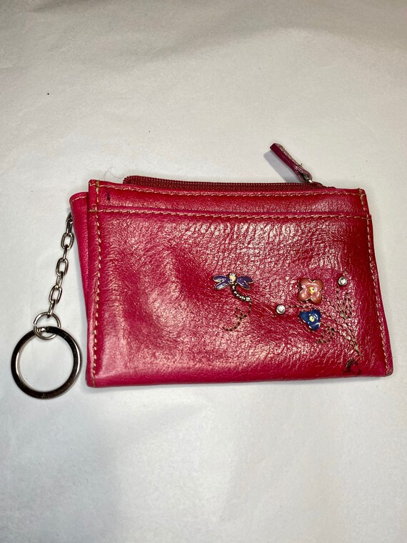 Hot Pink Leather Change Purse, Dragonfly Keychain 