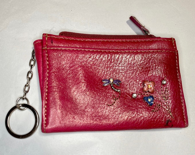 Hot Pink Leather Change Purse, Dragonfly Keychain Pouch, Cash and Key Keeper Bag accessory