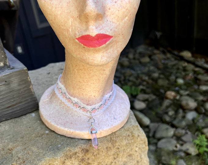 Pink Choker Necklace, Crystal Lace Rhinestone Costume Jewelry, Bohemian