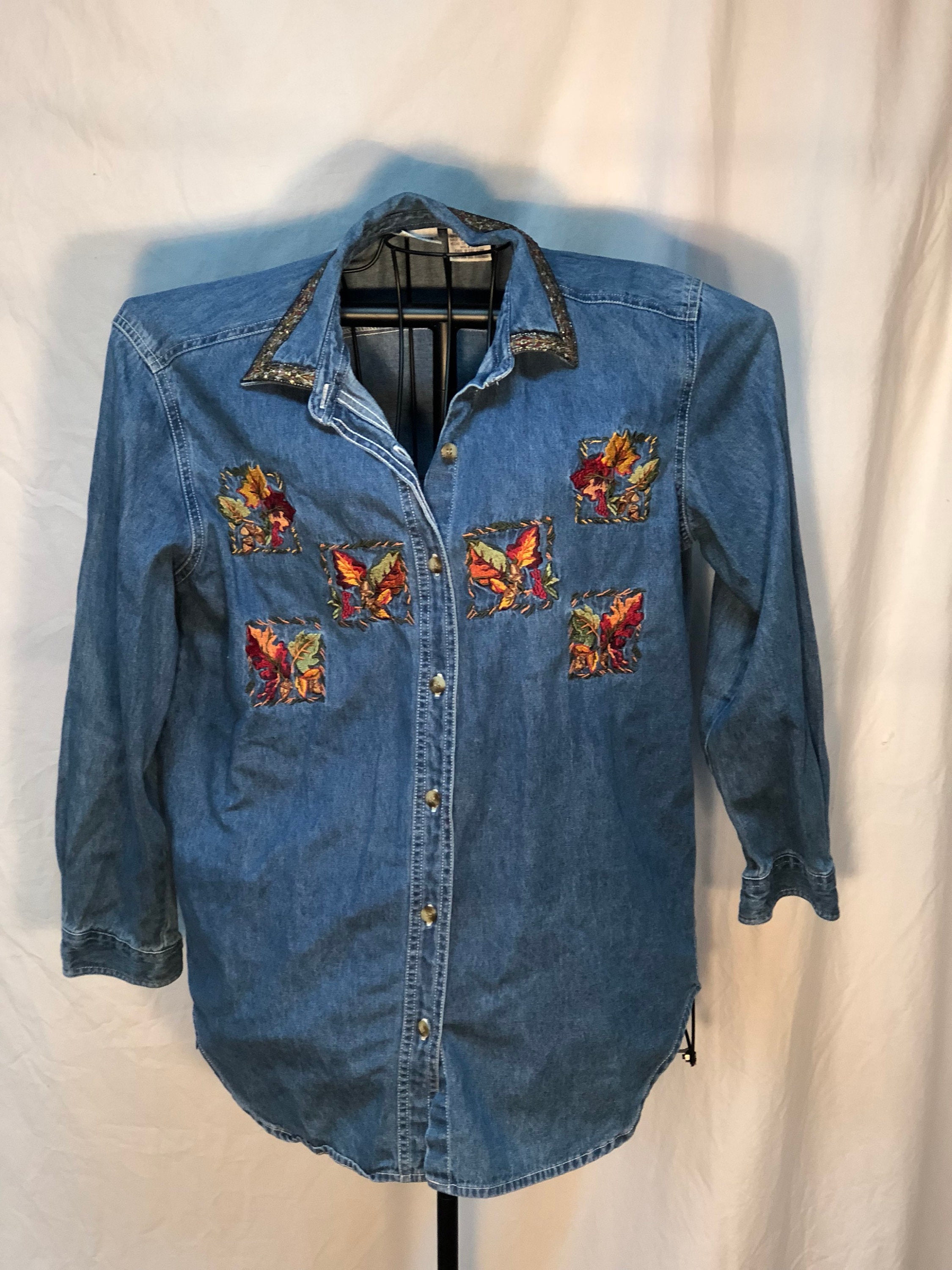 Autumn Leaves Denim Shirt - Embroidered Thanksgiving Jean Top