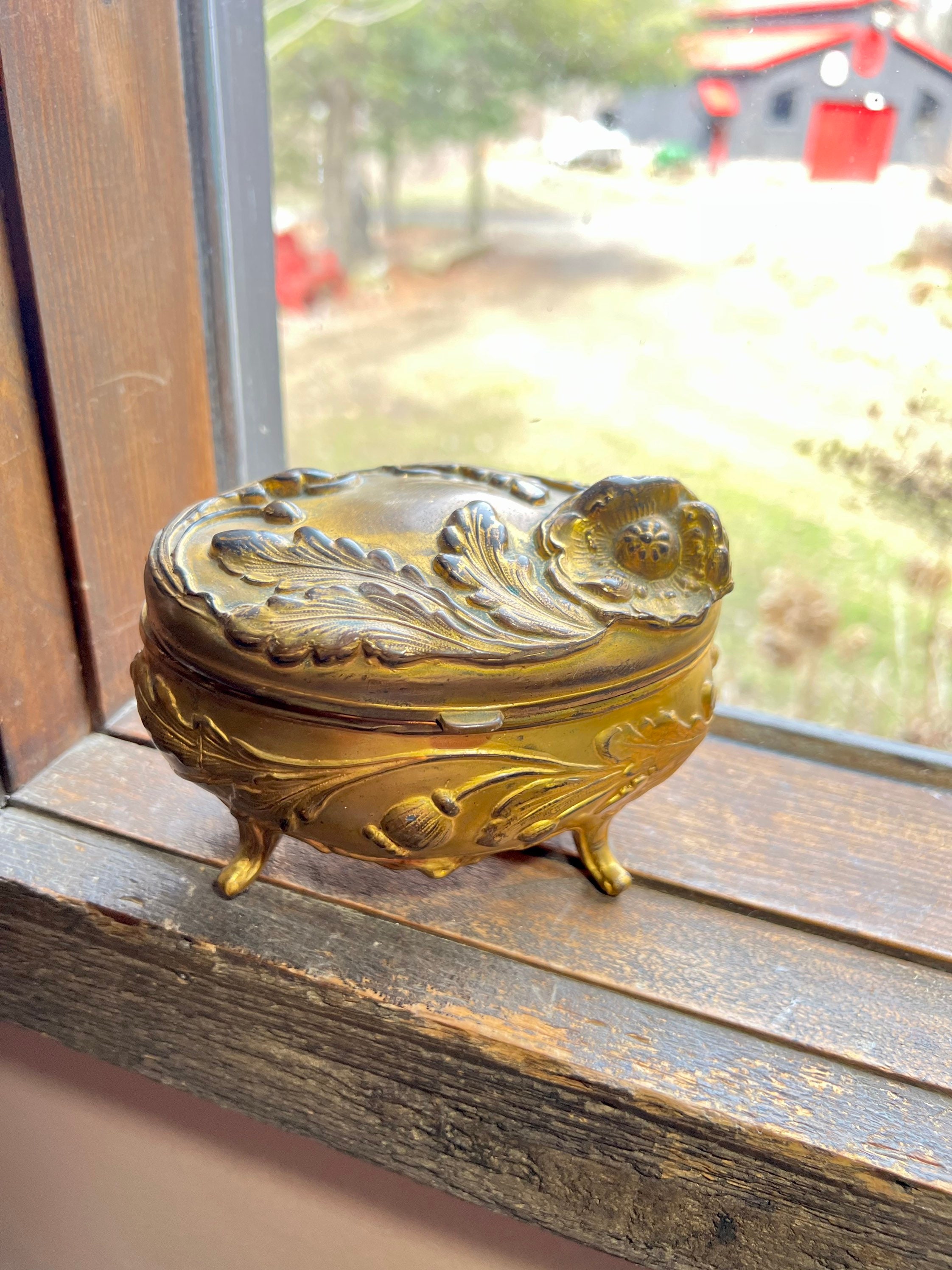 Vintage Footed Brass Velvet Lined Trinket or Jewelry Box