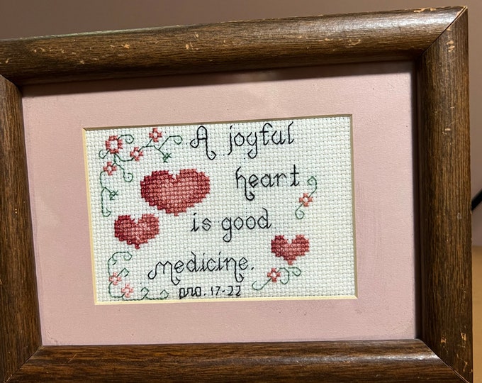 Cross Stitch Picture, A Joyful Heart Is Good Medicine, Proverb 17 22, Gift