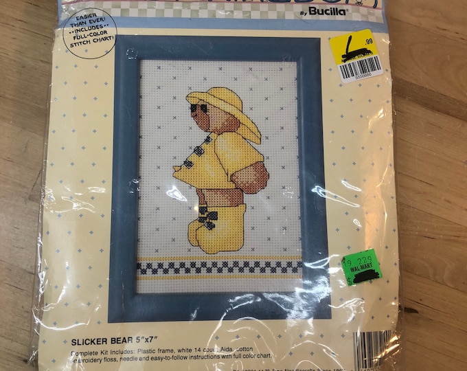 Cross stitch kit rain slicker bear, Craft Project Kit, Needle craft kit - Spring Showers