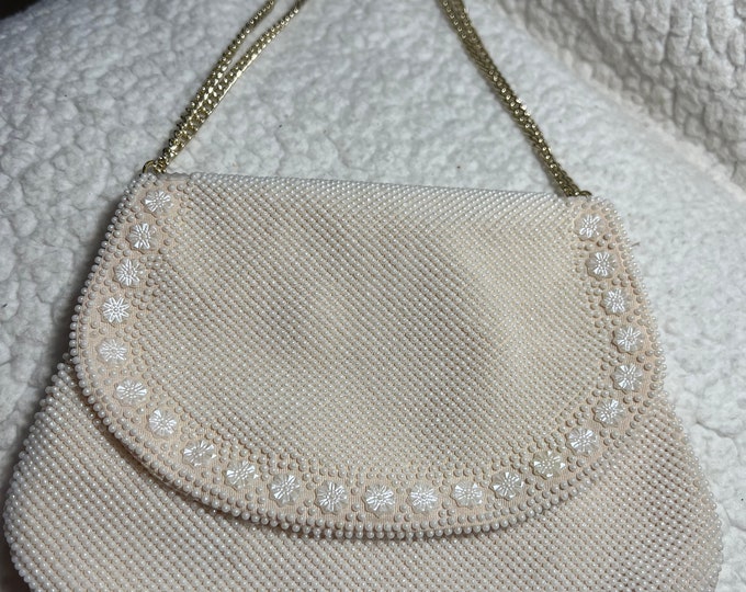 White Beaded Handbag, Vintage Formal Attire Purse, Summer Bag