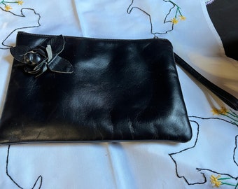 Black Leather Clutch Handbag, Flower Evening Bag, Purse