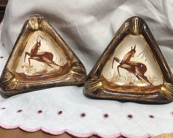 Deer Home Decor, Vintage Ashtrays, Belgium Hand Painted Ashtray Set - Cigar Smokers Paraphernalia