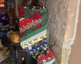 Christmas Stocking, Quilted Holiday Fireplace Decoration, Poinsettias