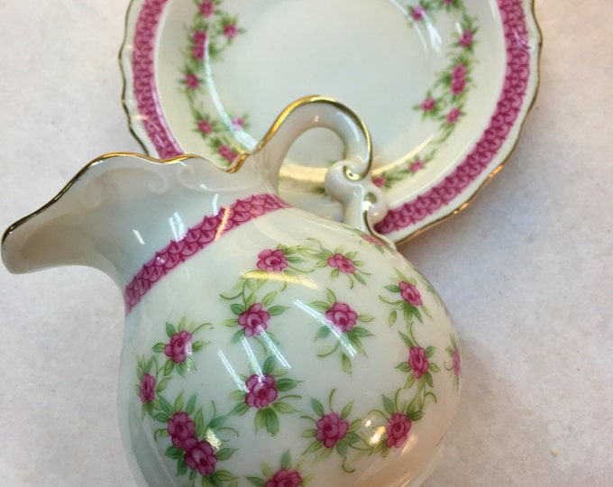 Creamer And Saucer, Hand Painted Porcelain, Pink Flower China