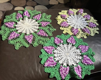 Crochet Grape Doilies, Vintage Wine Home Decor, Handmade