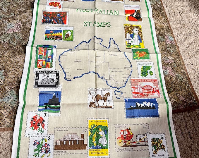 Retro Kitchen Linen, Australian Stamps Tea Towel Souvenir, Collectible