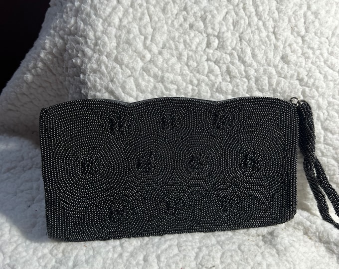 Black Beaded Clutch Bag, Vintage Cocktail Bag,