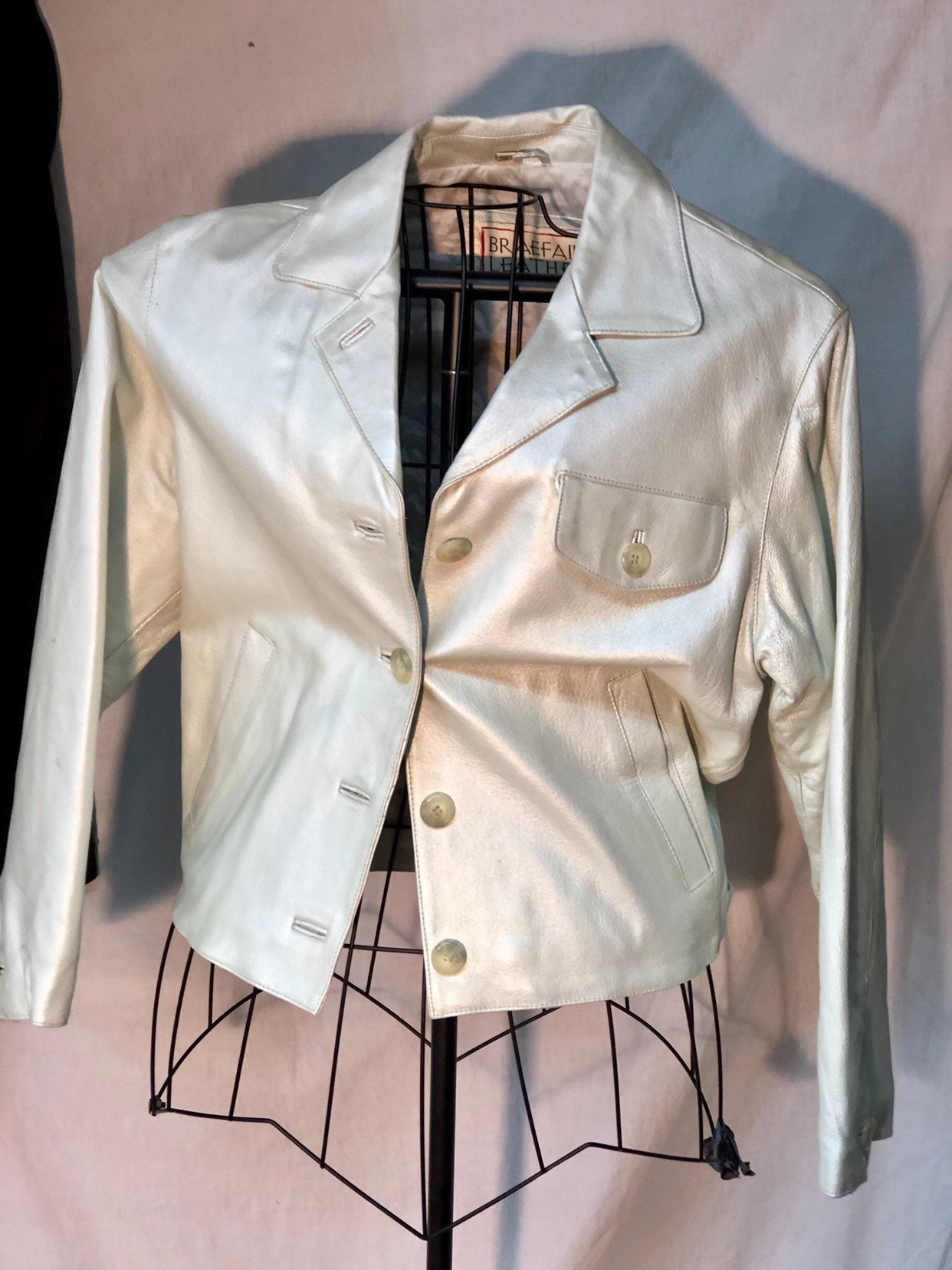 White Iridescent Leather Women’s Jacket Retro White Metallic Leather Coat