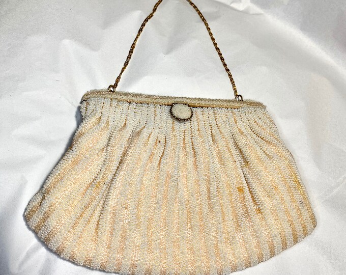 White Beaded Evening Bag, Vintage Formal Cocktail Handbag, Hand stitched bead bag - Julius Garfinckel