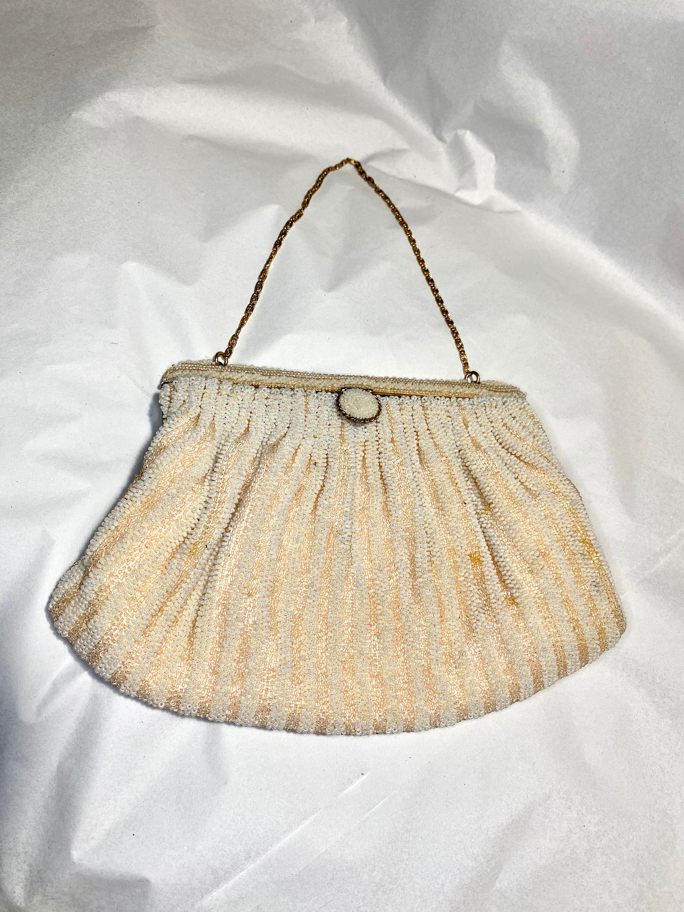 White Beaded Evening Bag, Vintage Formal Cocktail Handbag, Hand stitched  bead bag - Julius Garfinckel