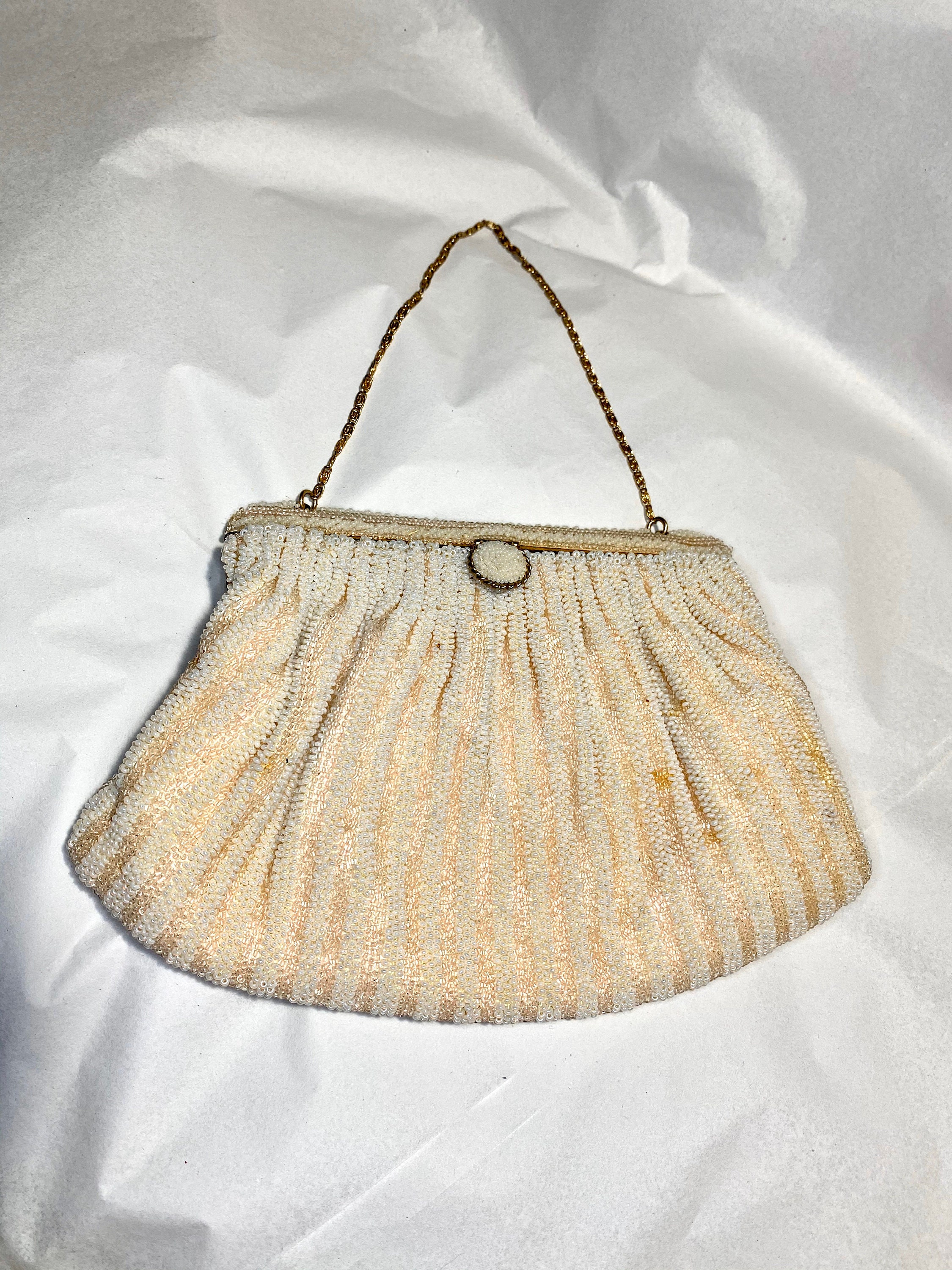 White Beaded Evening Bag, Vintage Formal Cocktail Handbag