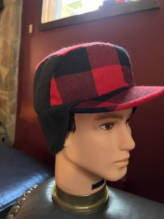 Red and Black Check Hat, Winter Wear Unisex Cap E… - image 2