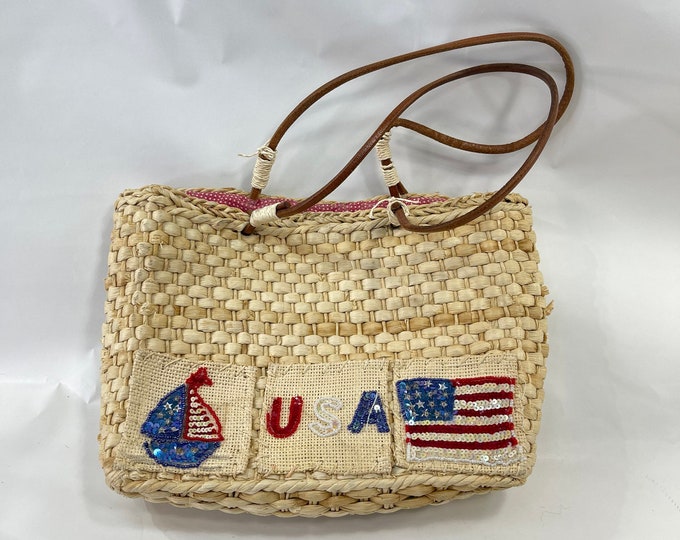 Wicker Handbag USA, Independence Day Summer Purse, American Flag Bag