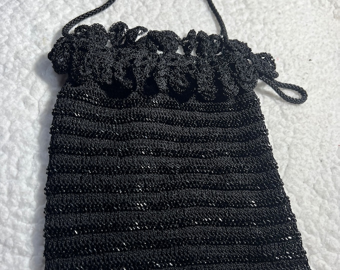 Black Crochet Handbag, Cocktail Evening Bag, Sparkle Beaded Purse